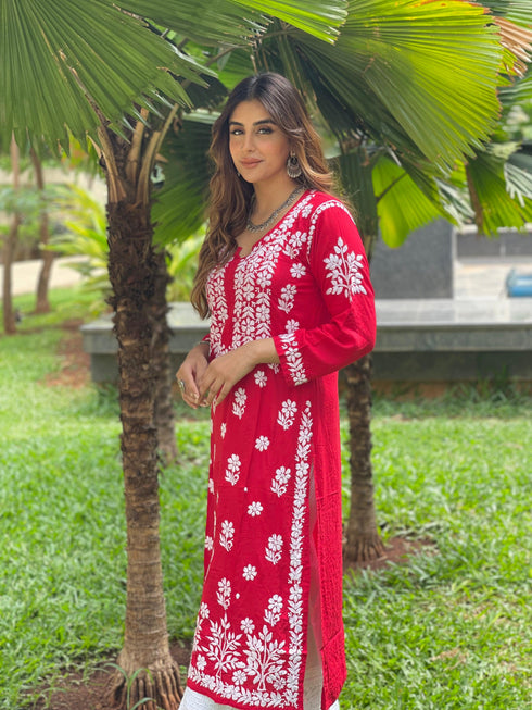 Miesha Iyer in Premium Hand Embroidery Chikankari Kurta Modal Cotton- Red